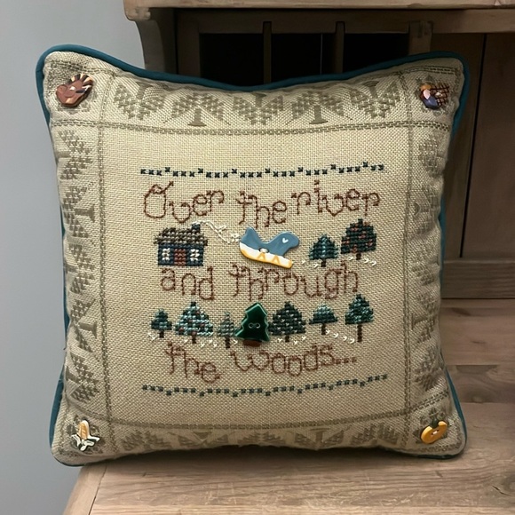 Embroidered Thanksgiving Pillow Handmade “Over the River and Through the Woods” - Picture 1 of 8